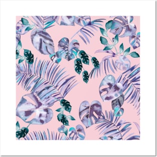 Tropical Flowers and leaves blue pink Posters and Art